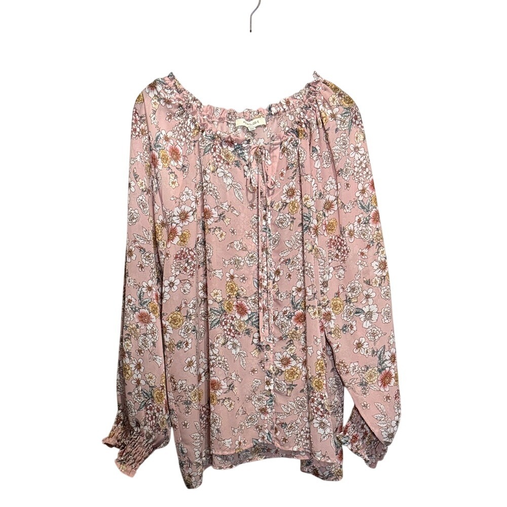 Astrologie Pink Floral Peasant Blouse‎ XXL Long Sleeve Smocked Cuff Button Front